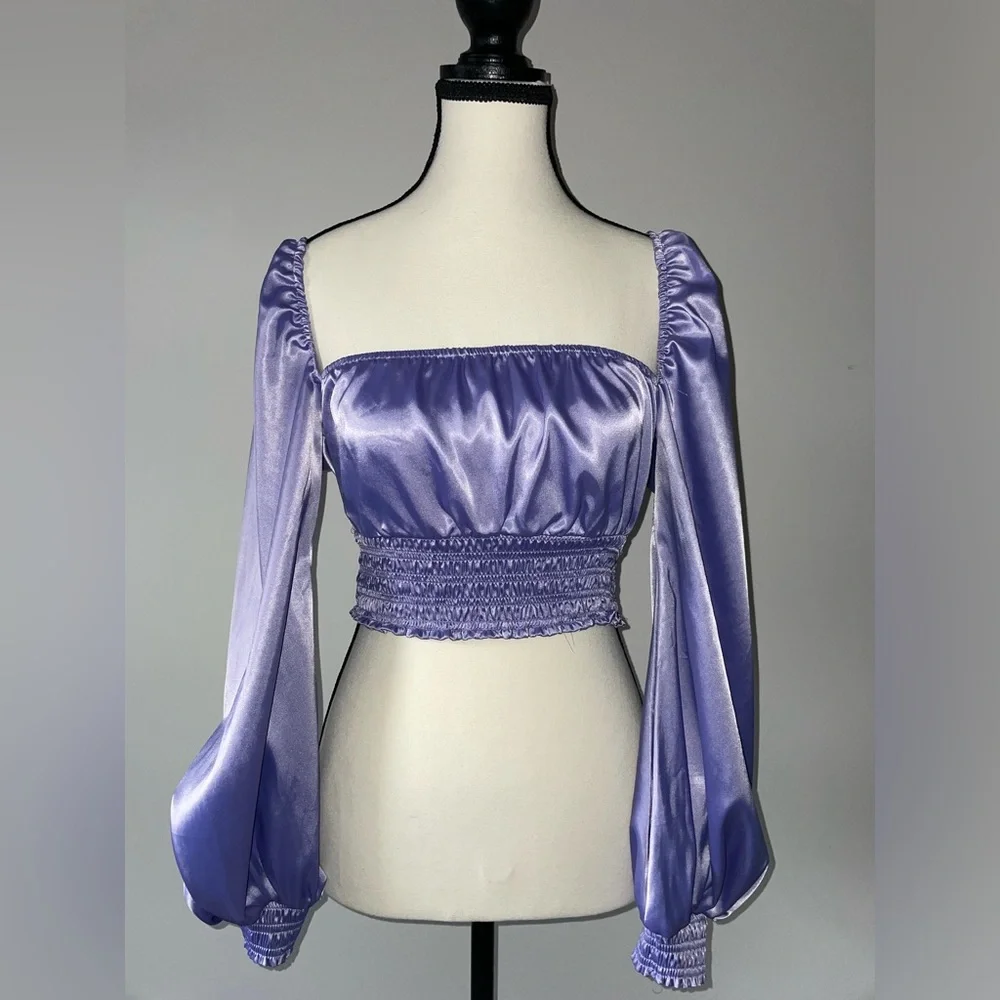 AFRM Purple Satin Long Puff Sleeve Smocked Cropped Blouse - Picture 1 of 3